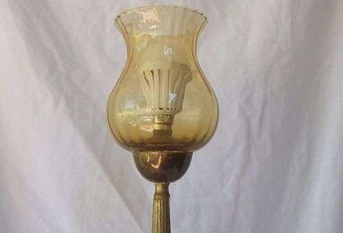 AN OLD GLASS , BRASS , COPPER AND WOOD LAMP DECORATED IN A RATHER VICTORIAN STYLE !! WORKING !!