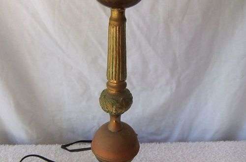 AN OLD GLASS , BRASS , COPPER AND WOOD LAMP DECORATED IN A RATHER VICTORIAN STYLE !! WORKING !!