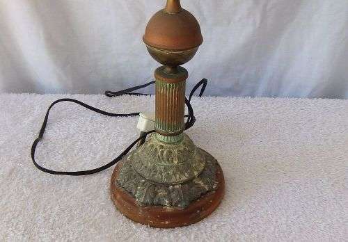 AN OLD GLASS , BRASS , COPPER AND WOOD LAMP DECORATED IN A RATHER VICTORIAN STYLE !! WORKING !!