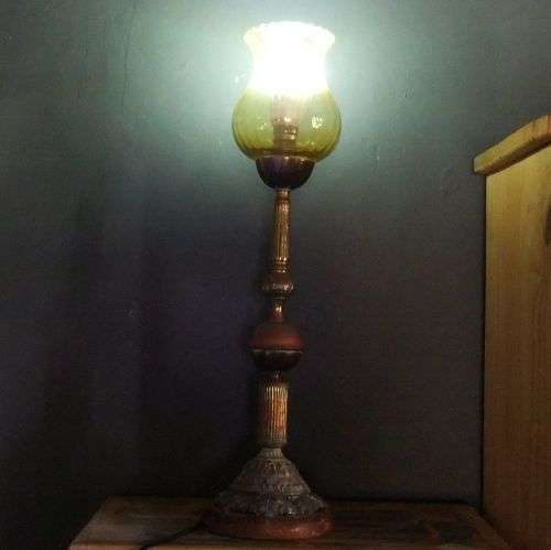 AN OLD GLASS , BRASS , COPPER AND WOOD LAMP DECORATED IN A RATHER VICTORIAN STYLE !! WORKING !!