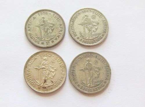 COOL FIND !! FOUR SILVER UNION OF SOUTH AFRICA SHILLING COINS !! BID FOR THE LOT !! SEE PICS !!