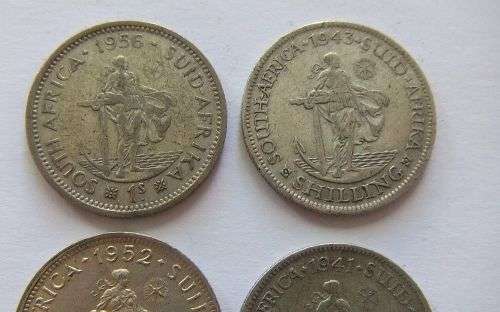 COOL FIND !! FOUR SILVER UNION OF SOUTH AFRICA SHILLING COINS !! BID FOR THE LOT !! SEE PICS !!