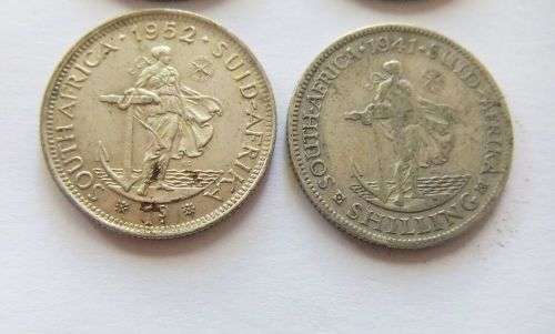 COOL FIND !! FOUR SILVER UNION OF SOUTH AFRICA SHILLING COINS !! BID FOR THE LOT !! SEE PICS !!