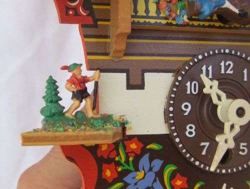 AN ADORABLE VINTAGE SWISS WALL CLOCK WITH LOADS OF CUTE DETAIL !! NO KEY TO TEST ... NEEDS TLC ??