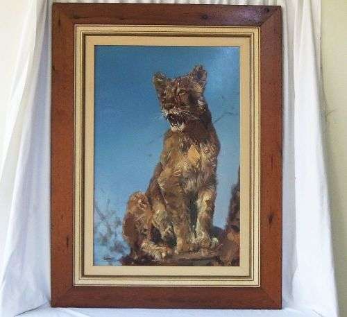 WOW !! WOW !! A MAGNIFICENT HUGE ORIGINAL OIL ON BOARD PAINTING OF A LION CUB !! WORTH THOUSANDS !!