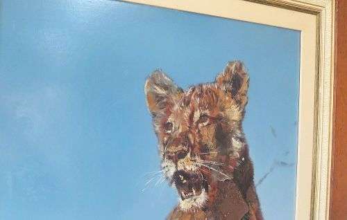 WOW !! WOW !! A MAGNIFICENT HUGE ORIGINAL OIL ON BOARD PAINTING OF A LION CUB !! WORTH THOUSANDS !!