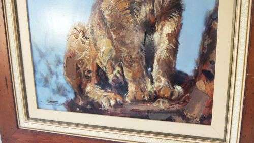 WOW !! WOW !! A MAGNIFICENT HUGE ORIGINAL OIL ON BOARD PAINTING OF A LION CUB !! WORTH THOUSANDS !!