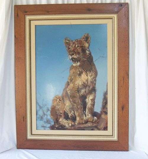 WOW !! WOW !! A MAGNIFICENT HUGE ORIGINAL OIL ON BOARD PAINTING OF A LION CUB !! WORTH THOUSANDS !!
