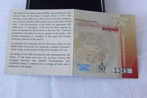 A PROOF 2011 SOLID STERLING SILVER COIN COMMEMORATING THE 90TH ANNIVERSARY OF THE SARB !! INVEST !!