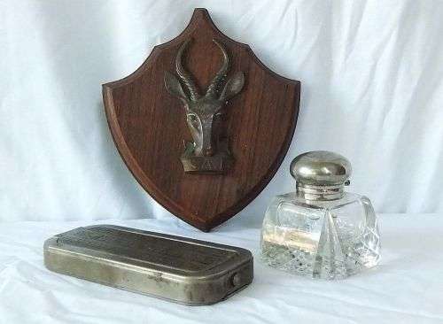 THREE OLD ITEMS FROM THE DECEASED ESTATE OF A VETERAN - SAI PLAQUE / INK POT / RAZOR SHARPENER !!