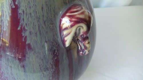 A RARE OLD FLAMBE DRIP GLAZE CHINESE POTTERY VASE WITH ELEPHANT HANDLES IN EXCELLENT CONDITION