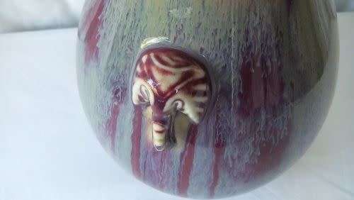 A RARE OLD FLAMBE DRIP GLAZE CHINESE POTTERY VASE WITH ELEPHANT HANDLES IN EXCELLENT CONDITION