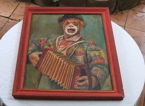 AN ABSOLUTELY AWESOME ORIGINAL OIL ON BOARD PAINTING OF A CLOWN BY MARIE DUMINY !! WOW !!