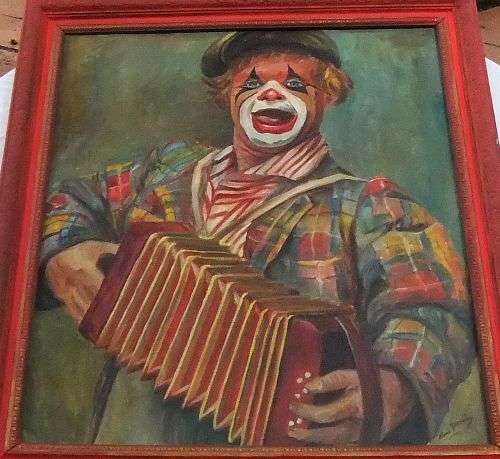AN ABSOLUTELY AWESOME ORIGINAL OIL ON BOARD PAINTING OF A CLOWN BY MARIE DUMINY !! WOW !!