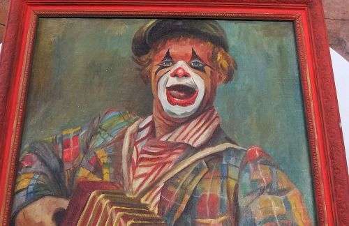 AN ABSOLUTELY AWESOME ORIGINAL OIL ON BOARD PAINTING OF A CLOWN BY MARIE DUMINY !! WOW !!
