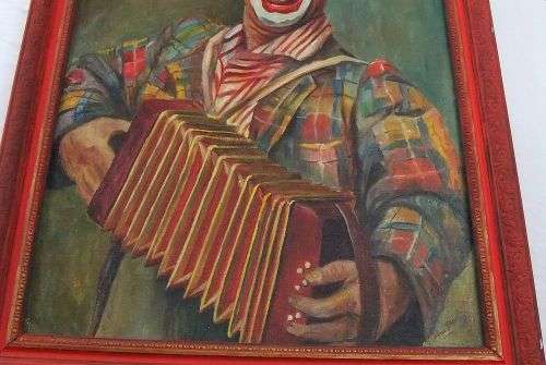 AN ABSOLUTELY AWESOME ORIGINAL OIL ON BOARD PAINTING OF A CLOWN BY MARIE DUMINY !! WOW !!