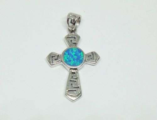 R1 START !! A STUNNING SOLID STERLING SILVER CROSS PENDANT - FIRE OPAL LOOK INSET !! MUST HAVE !!