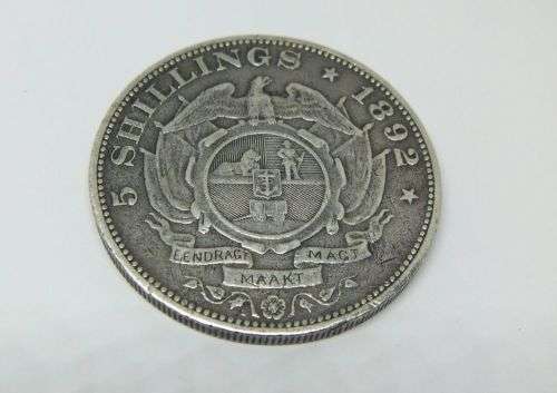 WOW ! AN AWESOME SUPER RARE 1892 ` SINGLE SHAFT ` STERLING SILVER FIVE SHILLING COIN OF THE Z.A.R !!