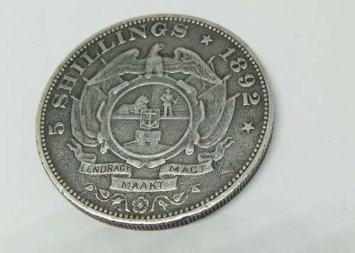 WOW ! AN AWESOME SUPER RARE 1892 ` SINGLE SHAFT ` STERLING SILVER FIVE SHILLING COIN OF THE Z.A.R !!