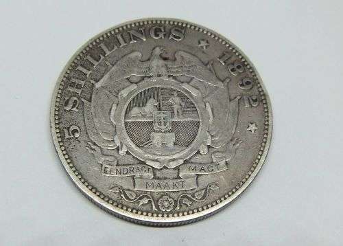 Z.A.R !!! A VERY RARE 1892 `DOUBLE SHAFT` FIVE SHILLING STERLING SILVER COIN OF THE Z.A.R !! WOW !!