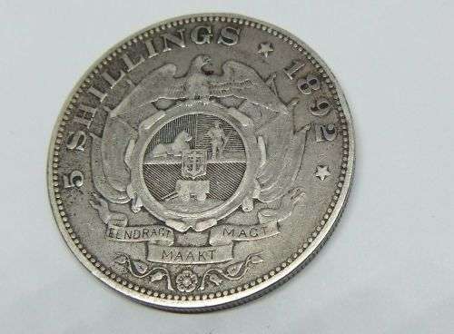 Z.A.R !!! A VERY RARE 1892 `DOUBLE SHAFT` FIVE SHILLING STERLING SILVER COIN OF THE Z.A.R !! WOW !!