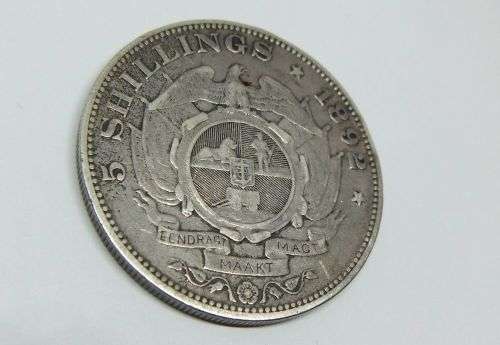 Z.A.R !!! A VERY RARE 1892 `DOUBLE SHAFT` FIVE SHILLING STERLING SILVER COIN OF THE Z.A.R !! WOW !!