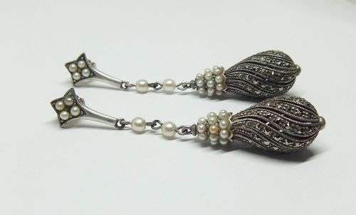 AN EXQUISITE VINTAGE LOOK PAIR OF HEAVY STERLING SILVER EARRINGS WITH MARCASITE AND SEED PEARLS !!