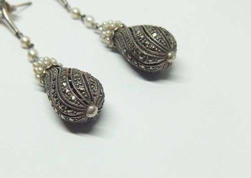 AN EXQUISITE VINTAGE LOOK PAIR OF HEAVY STERLING SILVER EARRINGS WITH MARCASITE AND SEED PEARLS !!