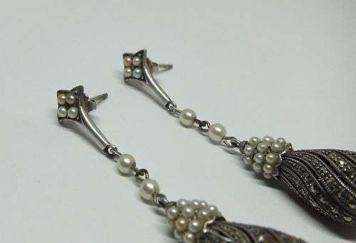 AN EXQUISITE VINTAGE LOOK PAIR OF HEAVY STERLING SILVER EARRINGS WITH MARCASITE AND SEED PEARLS !!