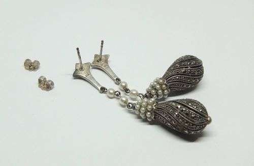 AN EXQUISITE VINTAGE LOOK PAIR OF HEAVY STERLING SILVER EARRINGS WITH MARCASITE AND SEED PEARLS !!