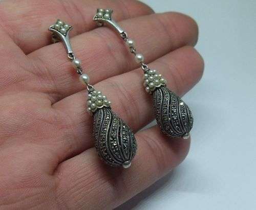 AN EXQUISITE VINTAGE LOOK PAIR OF HEAVY STERLING SILVER EARRINGS WITH MARCASITE AND SEED PEARLS !!