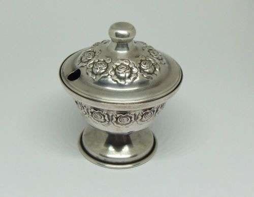 R1 START !! AN ADORABLE OLD SOLID 800 SILVER CONDIMENT POT WITH ROSE DECORATION !! MUST SEE !!