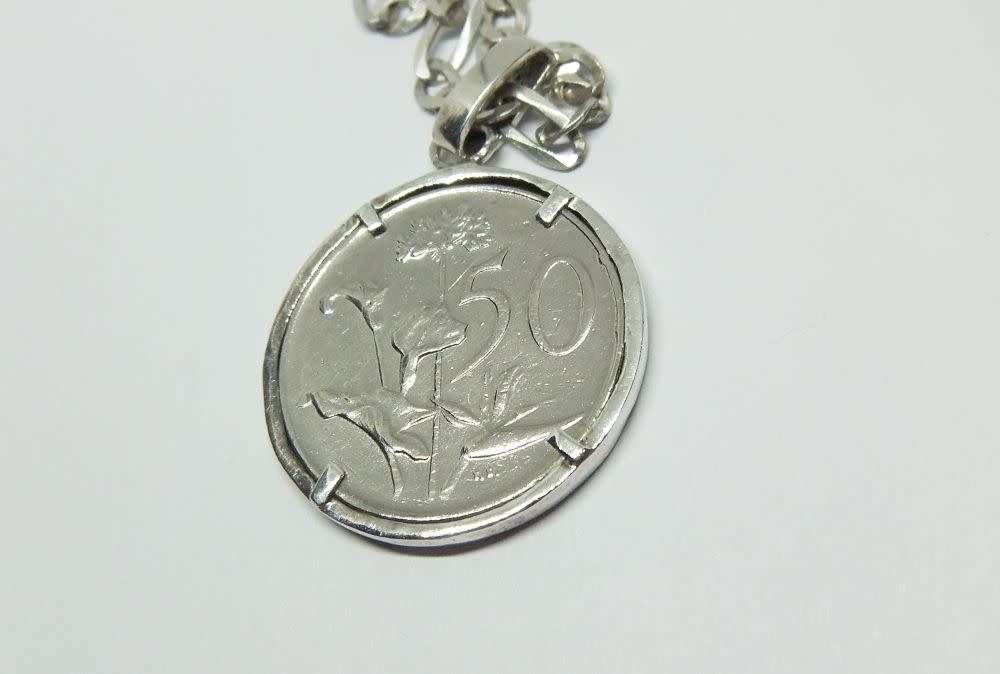 R1 START !! A SOLID STERLING SILVER NECKLACE & 1966 NICKEL 50c COIN STERLING SILVER PENDANT !! WOW