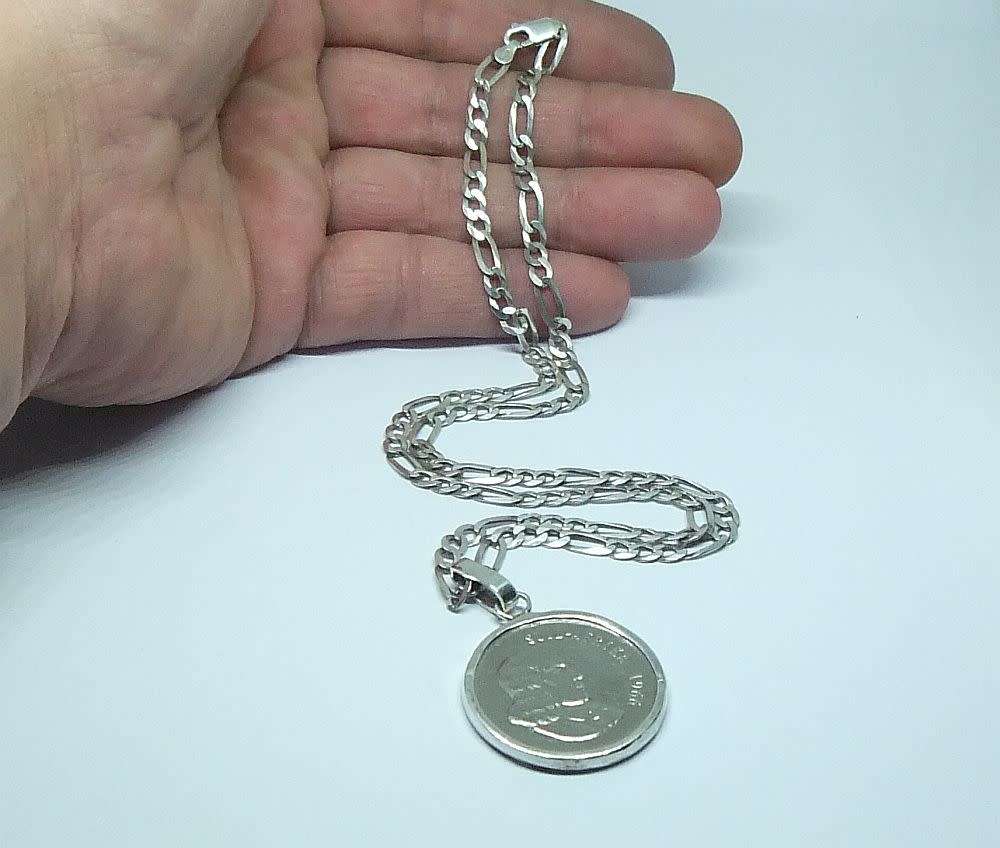 R1 START !! A SOLID STERLING SILVER NECKLACE & 1966 NICKEL 50c COIN STERLING SILVER PENDANT !! WOW