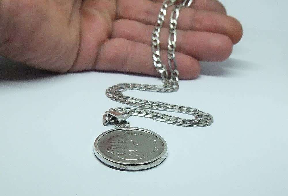 R1 START !! A SOLID STERLING SILVER NECKLACE & 1966 NICKEL 50c COIN STERLING SILVER PENDANT !! WOW