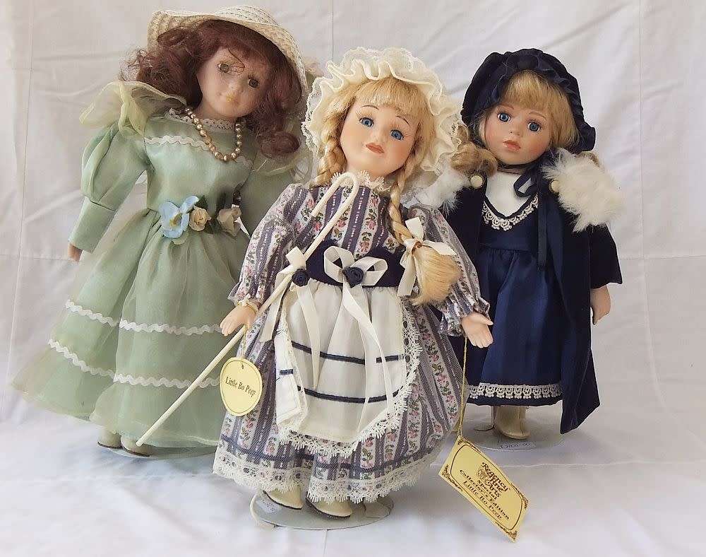 SUCH BEAUTIES !! THREE VINTAGE PORCELAIN DOLLS WITH STANDS INCLUDING LITTLE BO BEEP !! WOW !!