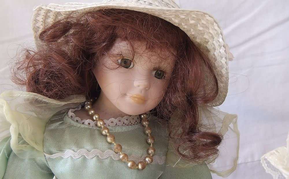 SUCH BEAUTIES !! THREE VINTAGE PORCELAIN DOLLS WITH STANDS INCLUDING LITTLE BO BEEP !! WOW !!