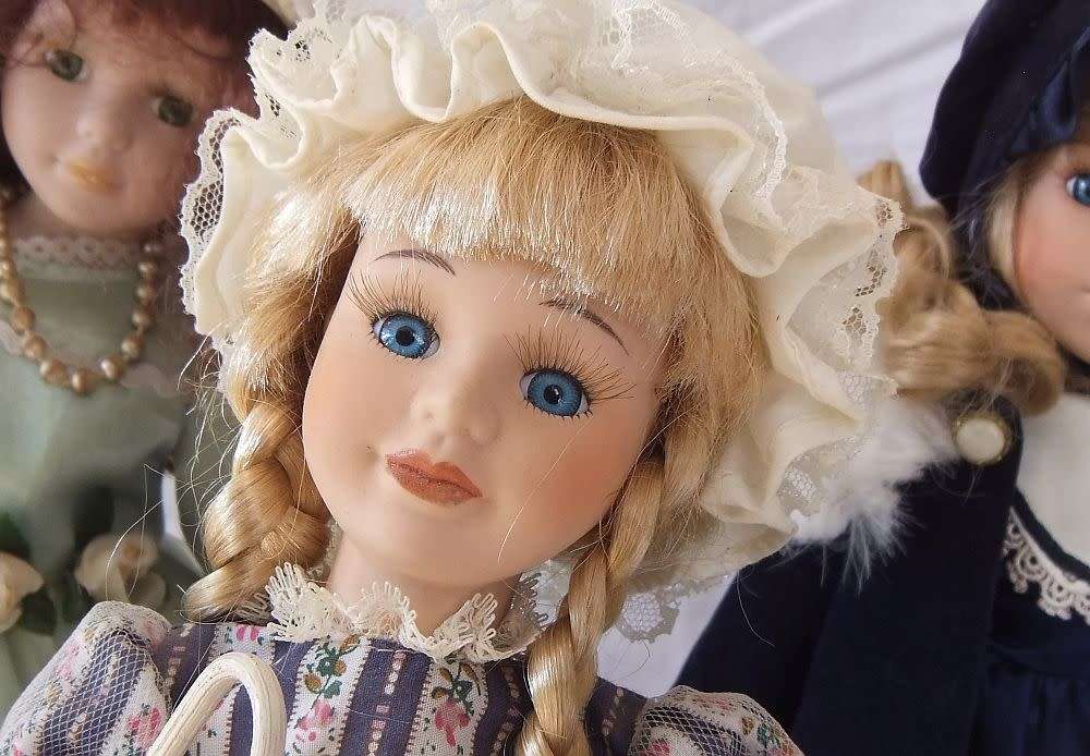 SUCH BEAUTIES !! THREE VINTAGE PORCELAIN DOLLS WITH STANDS INCLUDING LITTLE BO BEEP !! WOW !!