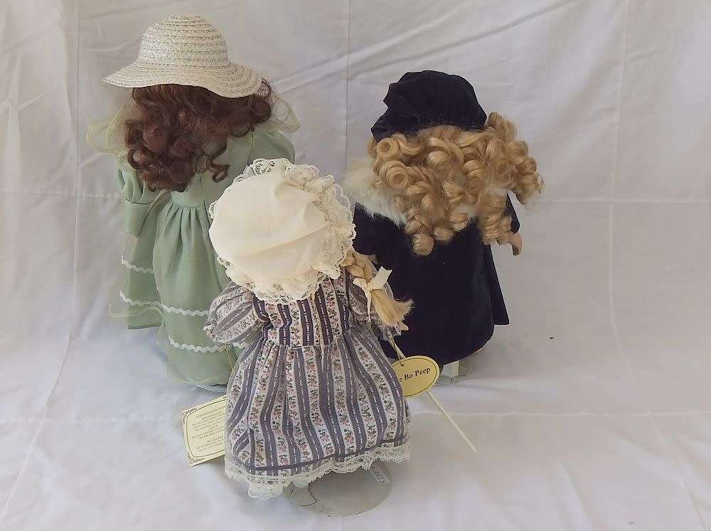 SUCH BEAUTIES !! THREE VINTAGE PORCELAIN DOLLS WITH STANDS INCLUDING LITTLE BO BEEP !! WOW !!