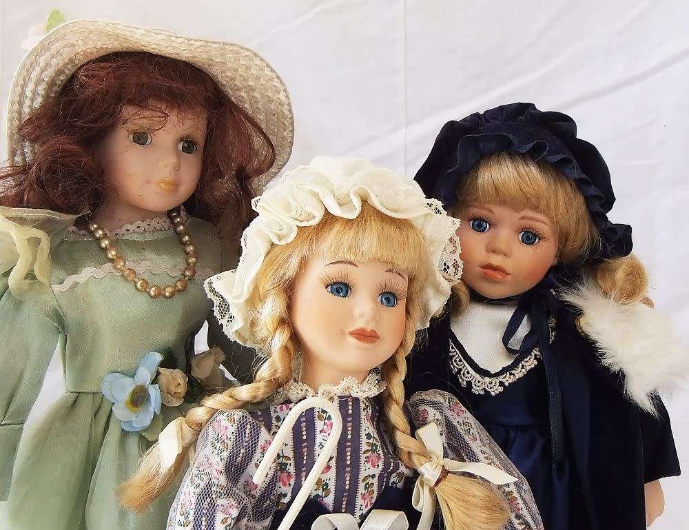 SUCH BEAUTIES !! THREE VINTAGE PORCELAIN DOLLS WITH STANDS INCLUDING LITTLE BO BEEP !! WOW !!