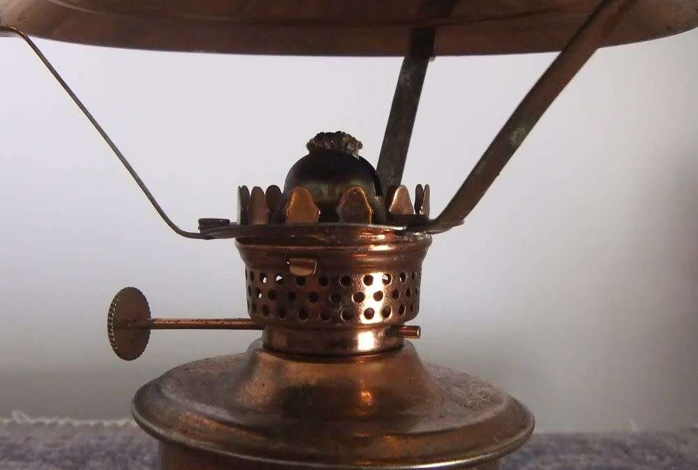 SWEET !! AN UNUSUAL VINTAGE COPPER LOOK SWIVEL PARAFFIN LANTERN WITH UNIQUE MARKINGS !! LOOK !!