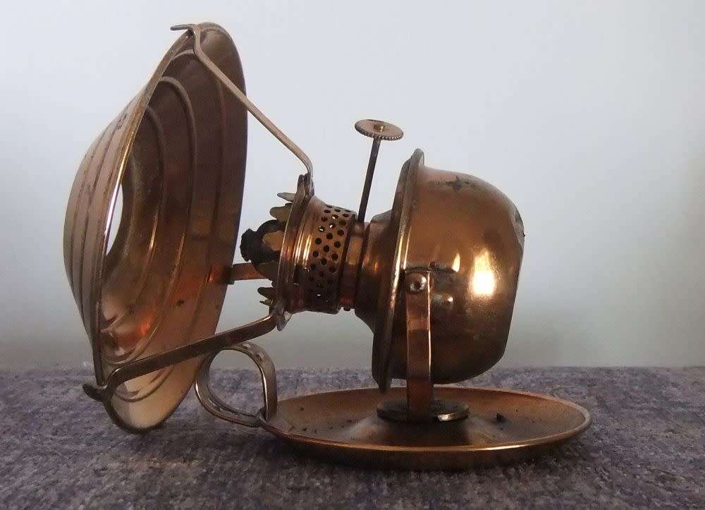 SWEET !! AN UNUSUAL VINTAGE COPPER LOOK SWIVEL PARAFFIN LANTERN WITH UNIQUE MARKINGS !! LOOK !!