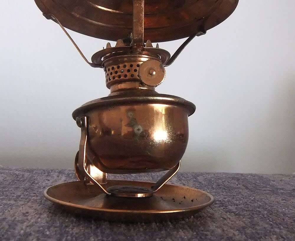 SWEET !! AN UNUSUAL VINTAGE COPPER LOOK SWIVEL PARAFFIN LANTERN WITH UNIQUE MARKINGS !! LOOK !!