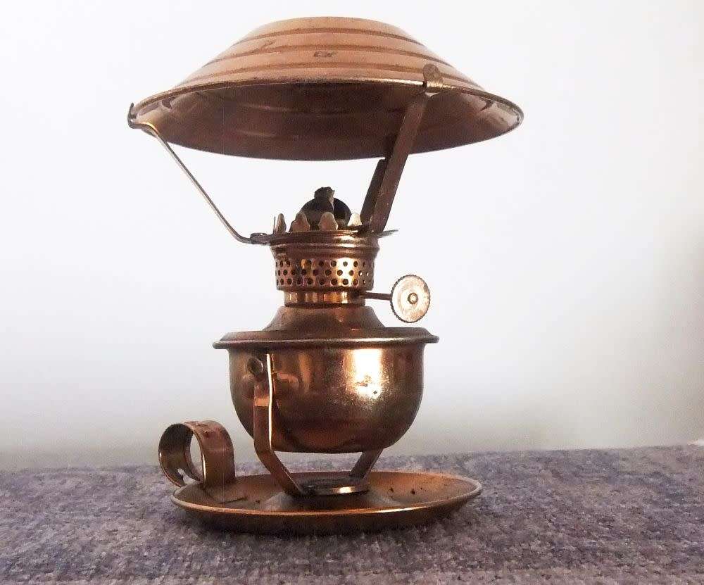 SWEET !! AN UNUSUAL VINTAGE COPPER LOOK SWIVEL PARAFFIN LANTERN WITH UNIQUE MARKINGS !! LOOK !!
