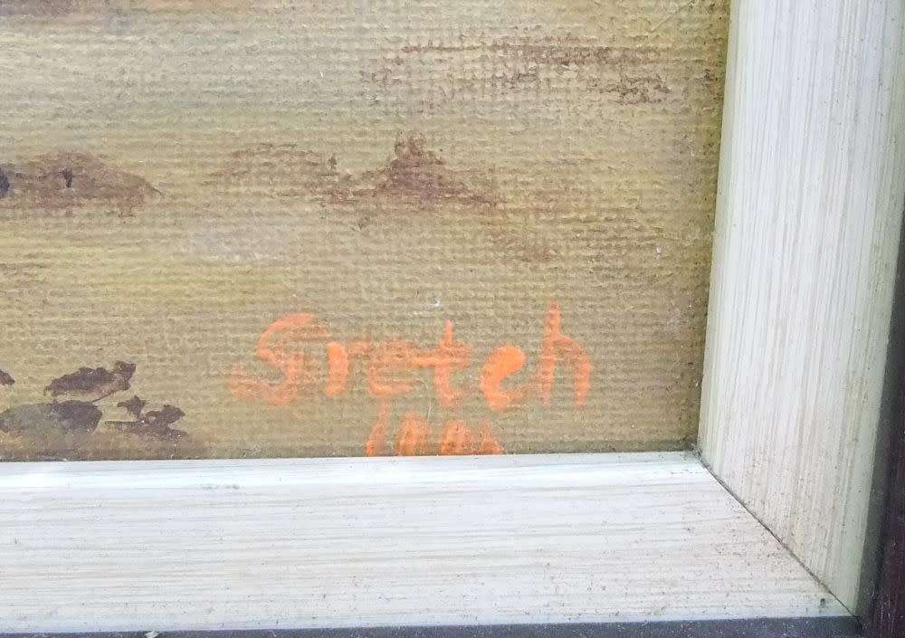 A CHARMING FRAMED ORIGINAL OIL ON BOARD LANDSCAPE PAINTING SIGNED GRETCH OR GRETEH ? LOVELY FIND !!