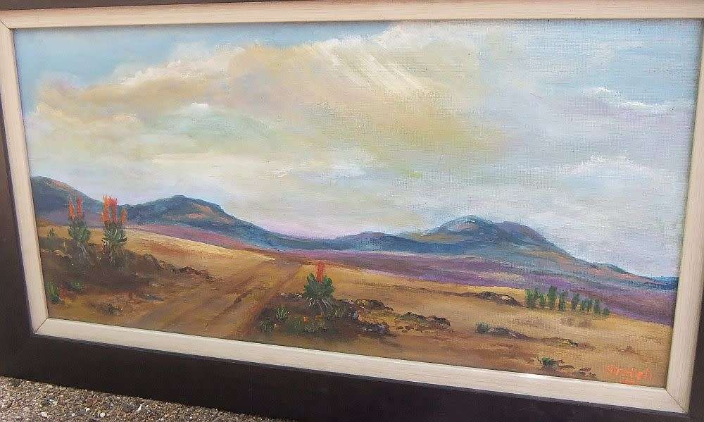 A CHARMING FRAMED ORIGINAL OIL ON BOARD LANDSCAPE PAINTING SIGNED GRETCH OR GRETEH ? LOVELY FIND !!