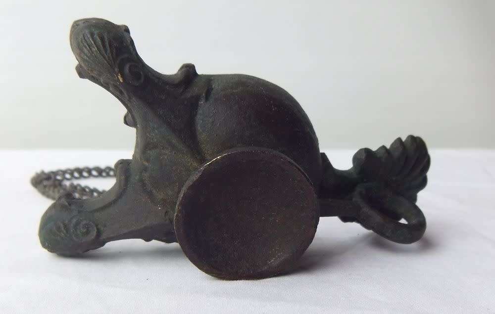 UNUSUAL FINDS !! TWO INTERESTING VERY OLD LOOKING BRONZE METAL OIL LAMPS ? ALADDIN SHAPE !!
