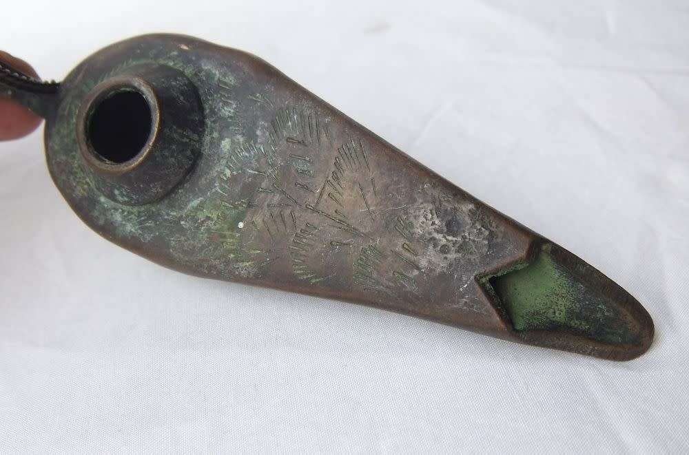 UNUSUAL FINDS !! TWO INTERESTING VERY OLD LOOKING BRONZE METAL OIL LAMPS ? ALADDIN SHAPE !!