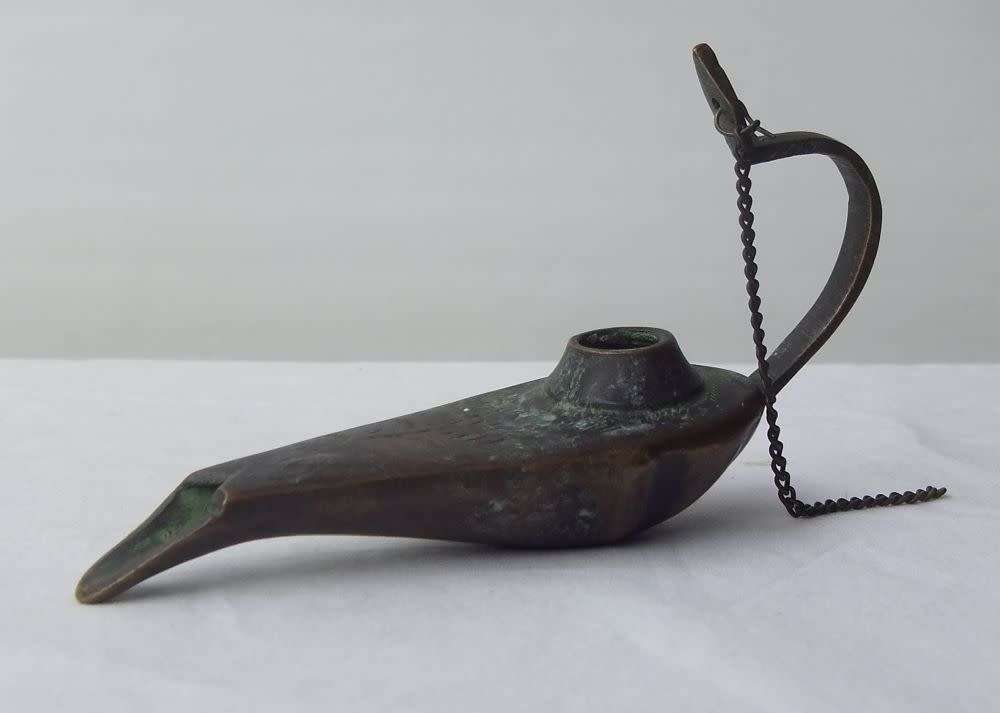 UNUSUAL FINDS !! TWO INTERESTING VERY OLD LOOKING BRONZE METAL OIL LAMPS ? ALADDIN SHAPE !!