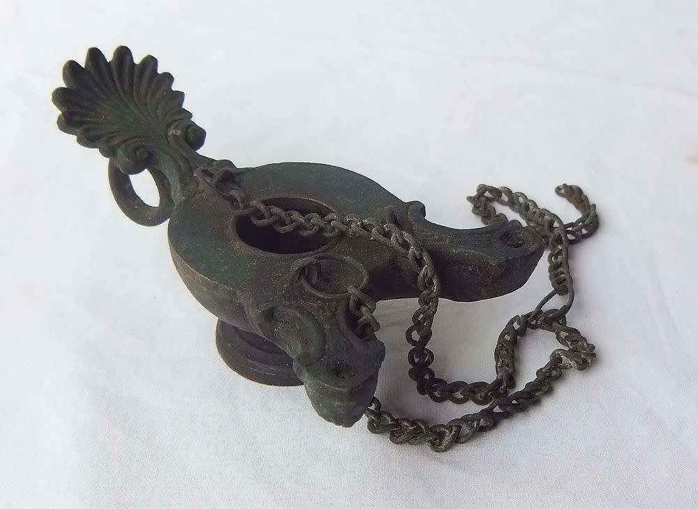 UNUSUAL FINDS !! TWO INTERESTING VERY OLD LOOKING BRONZE METAL OIL LAMPS ? ALADDIN SHAPE !!